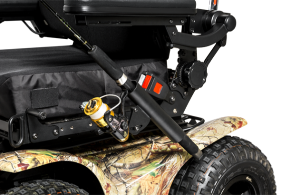 The Magic Mobility fishing rod holder attached to an Extreme X8