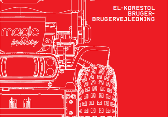 Red cover of Sunrise Medical Magic Mobility wheelchair user manual (Danish), featuring a line drawing of the chair and brand logos.