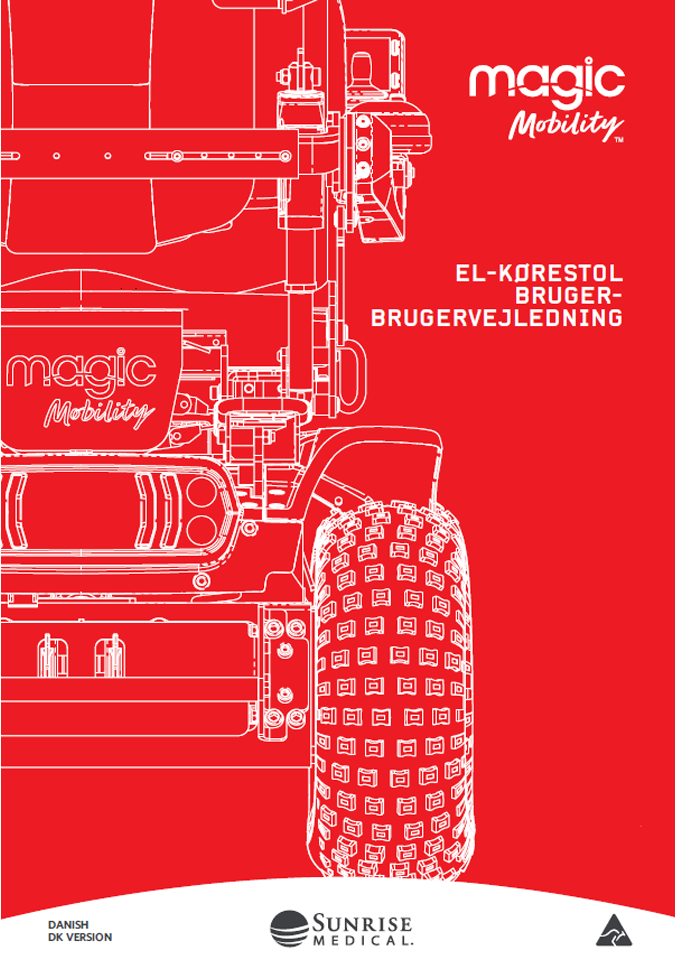 Red cover of Sunrise Medical Magic Mobility wheelchair user manual (Danish), featuring a line drawing of the chair and brand logos.