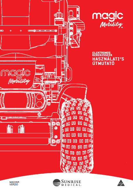 Red manual cover for a magic Mobility electric wheelchair, shown as a blueprint-style line drawing with logos and Hungarian text for the user guide.
