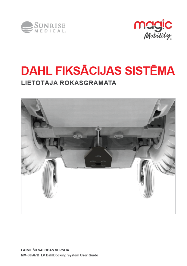 Cover page of the Dahl Docking System User Guide with Sunrise Medical and Magic Mobility logos and an underside view of a wheelchair base in grayscale.