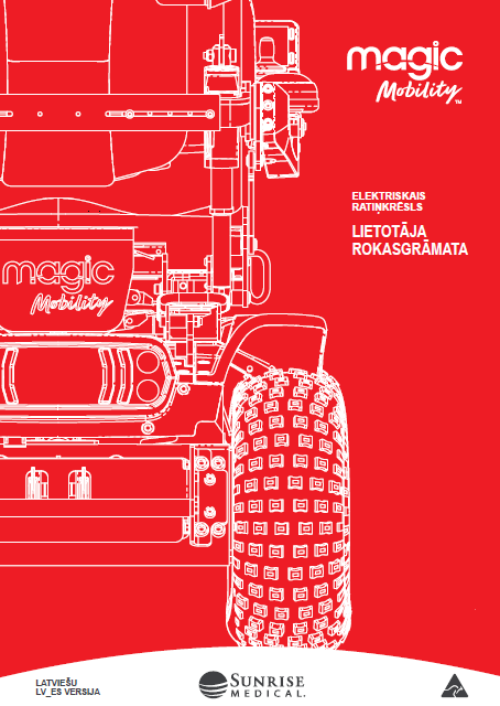 Red brochure cover for Magic Mobility electric wheelchair; white line drawing of the chair and the Latvian text 'Lietotāja Rokasgrāmata' with Sunrise Medical logo.