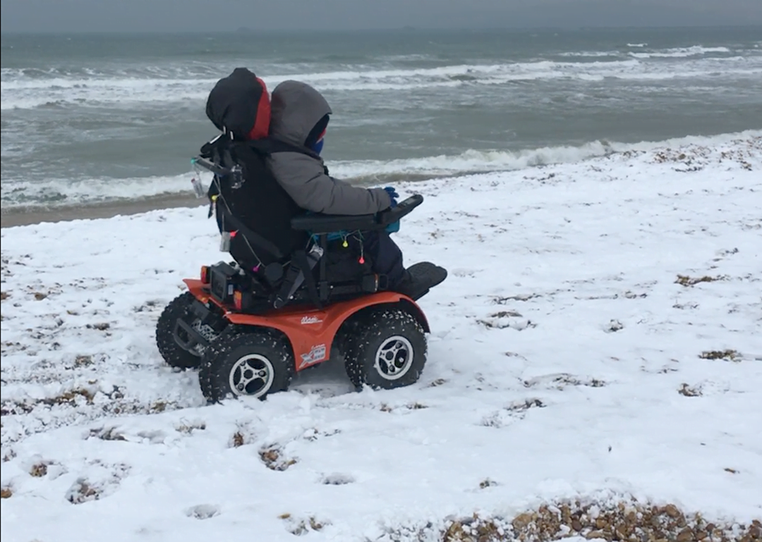 Adam Sevenoaks ride his magic Mobility Extreme X8 on the beach in summer, but has discovered it is just as much fun when the sand is covered in snow. 