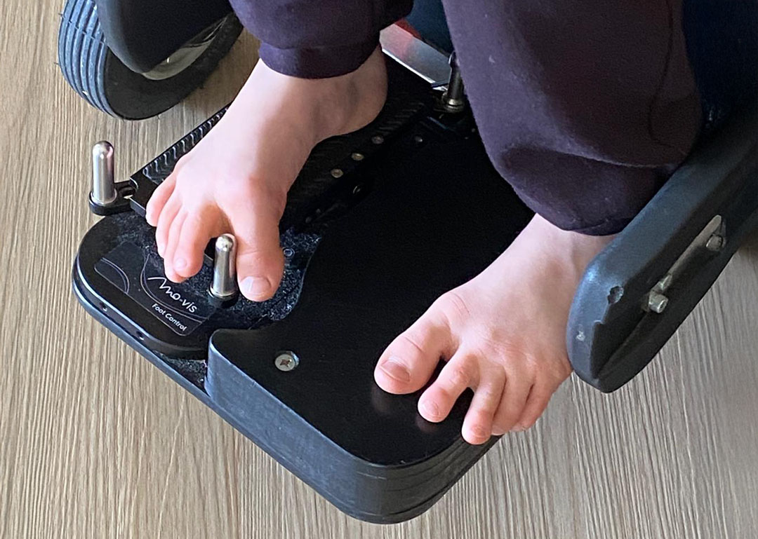 His customised Magic Mobility foot plate and mo-vis foot control enable Xabian to go wherever he wants, unassisted.