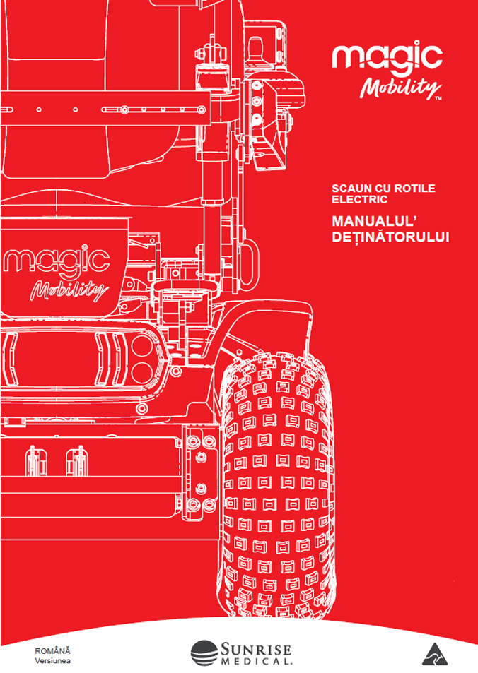 Red brochure cover showing a white line drawing of an electric wheelchair, with 'Magic Mobility' branding and Romanian text about owner's manual.