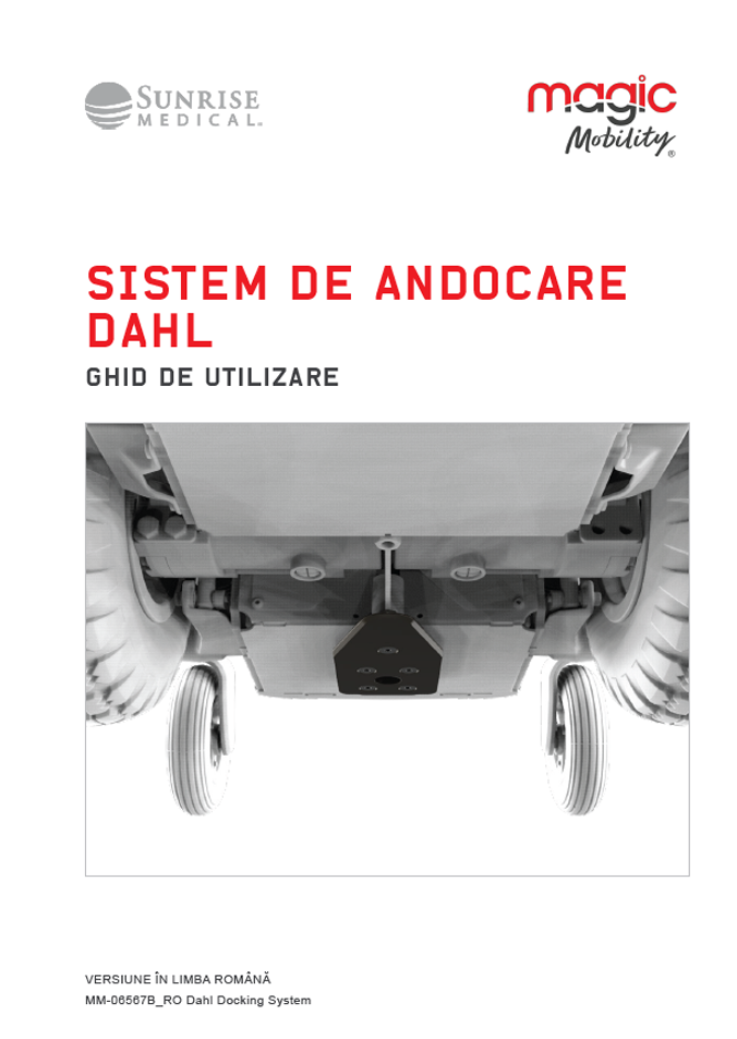 Cover page for the DAHL docking system user guide with Sunrise Medical and Magic Mobility logos; photo of a wheelchair underside showing the docking mechanism