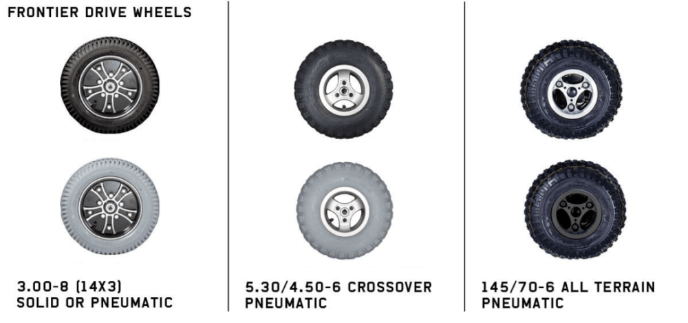Our drive wheel options available on our Frontier V6 AT, Hybrid and all V4 powerchairs.